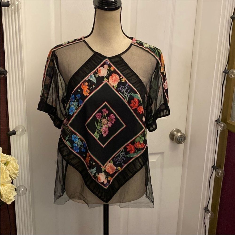 Tadashi Shoji Floral Sheer Black Top, US8